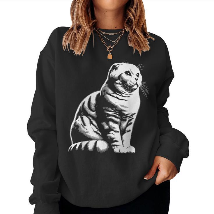 Cat Dad Mom Lover – モノクロスコティッシュフォールド。 レディーススウェットシャツ