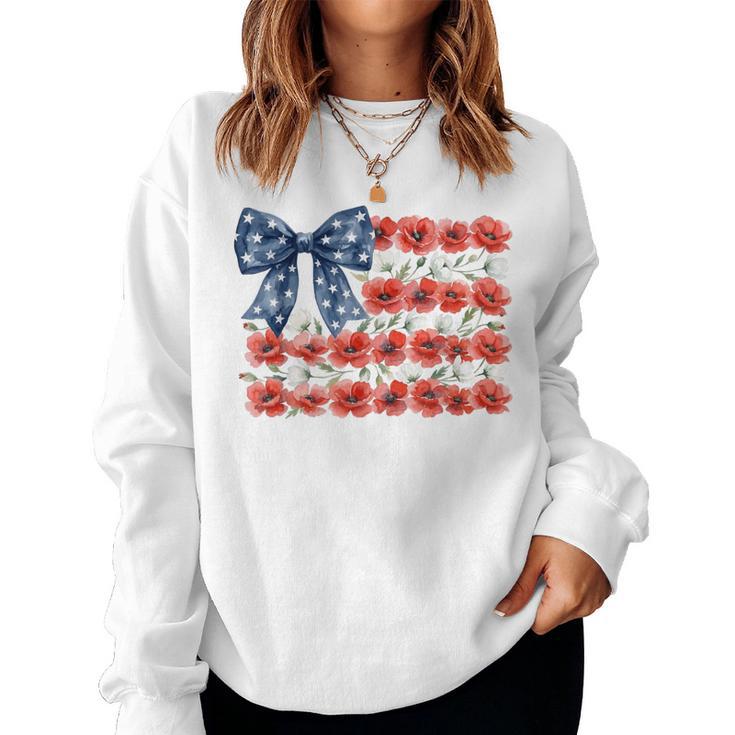 Floral American Flag Coquette Bow Usa 4Th Of July Patriotic Women Sweatshirt