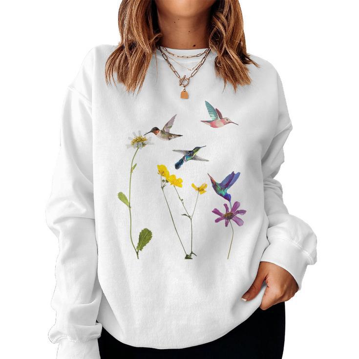 ハチドリと花のtシャツ レディーススウェットシャツ