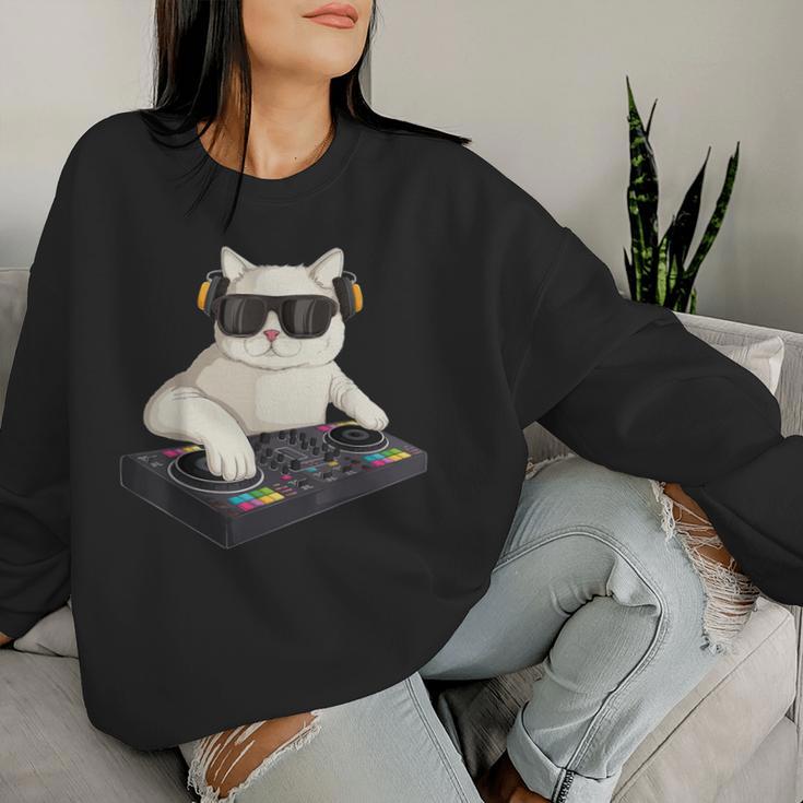 Dj Cat Techno Music Festival Lover Musician Women レディーススウェットシャツ 彼女への贈り物
