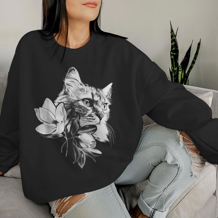 マグノリアの花と美しい猫 レディーススウェットシャツ 彼女への贈り物