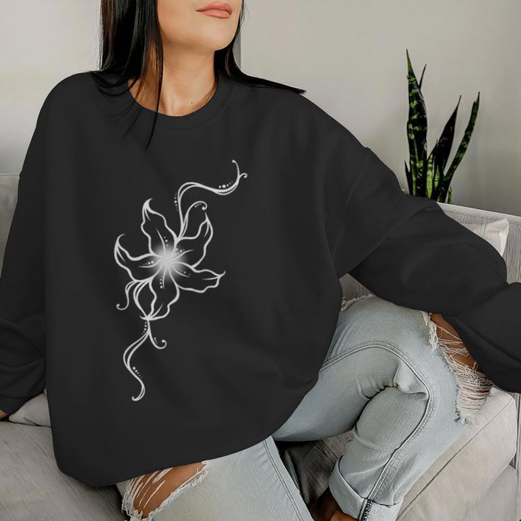 ラインアート 蘭の花 タトゥースタイル 長袖tシャツ レディーススウェットシャツ 彼女への贈り物