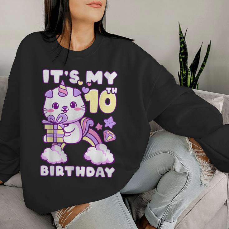 誕生日の女の子10歳、猫、ユニコーン、10歳の誕生日 レディーススウェットシャツ 彼女への贈り物