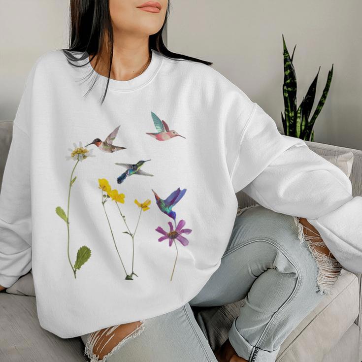 ハチドリと花のtシャツ レディーススウェットシャツ 彼女への贈り物