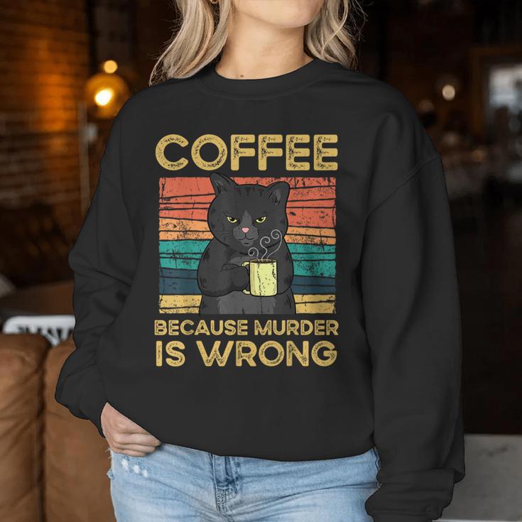 Coffee Because Murder Is Wrong ファニーブラックキャット ビンテージ レディーススウェットシャツ 面白い贈り物