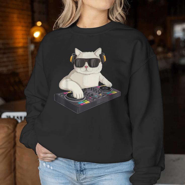 Dj Cat Techno Music Festival Lover Musician Women レディーススウェットシャツ 面白い贈り物
