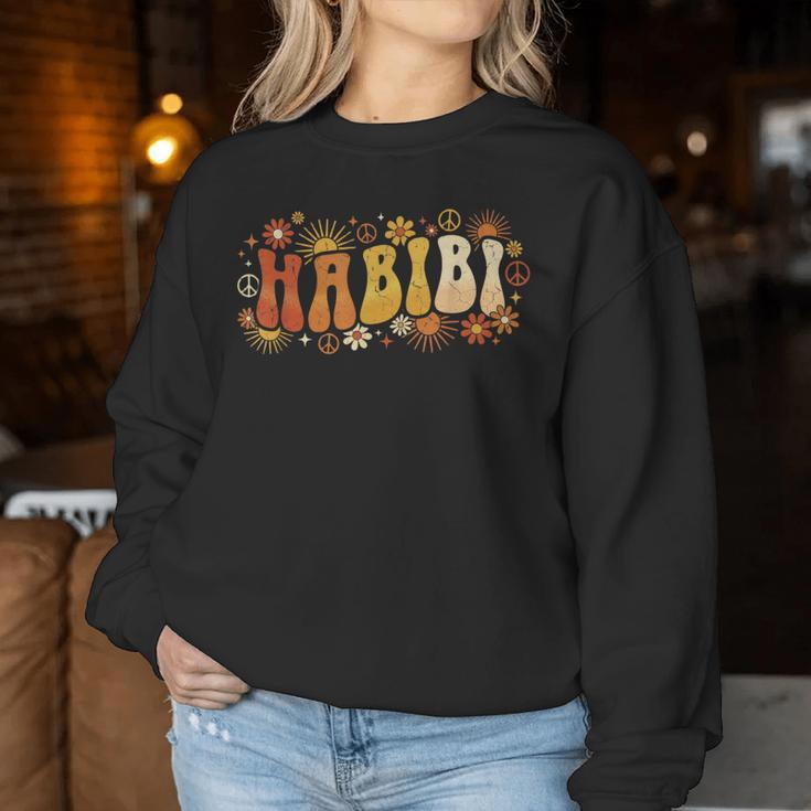 Habibi Retro 70S Typographyintage Flower Hippie Arabic レディーススウェットシャツ 面白い贈り物