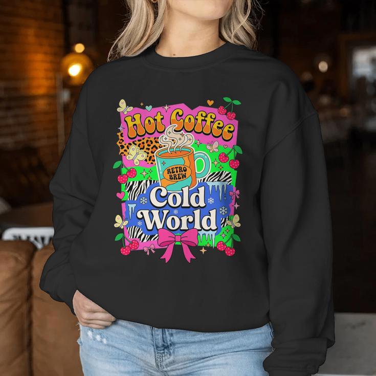 Hot Coffee Cold World レトロ コケット リボン グラフィック 長袖tシャツ レディーススウェットシャツ 面白い贈り物