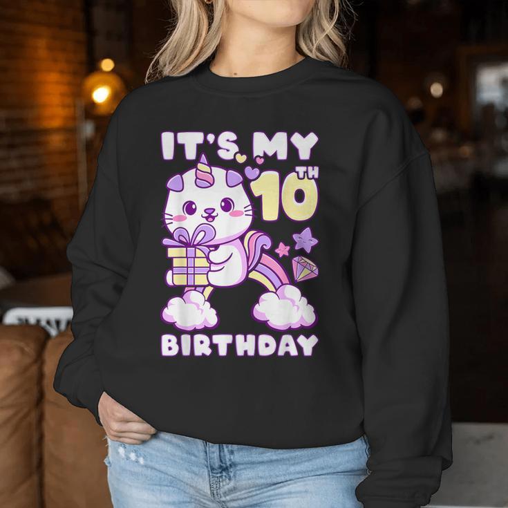 誕生日の女の子10歳、猫、ユニコーン、10歳の誕生日 レディーススウェットシャツ 面白い贈り物