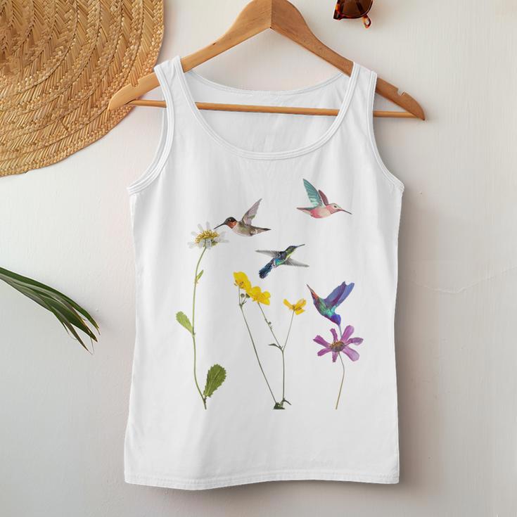 ハチドリと花のtシャツ レディースタンクトップ 面白い贈り物