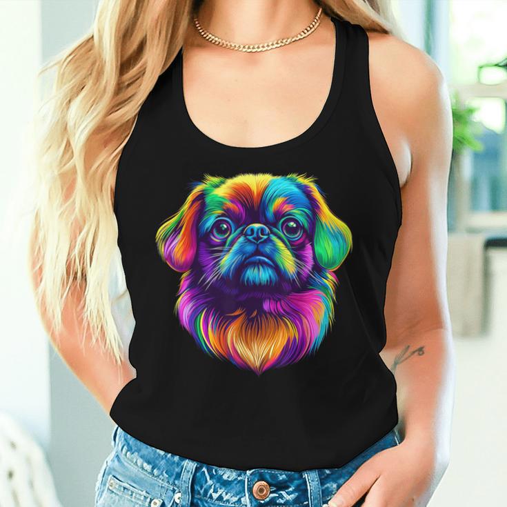 カラフル ペキニーズ犬の顔 かわいい 子犬好き 男性 女性 黒 レディースタンクトップ 彼女への贈り物