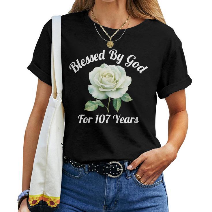 Blessed By God For 107 Yeasオールドローズフラワー 107歳の誕生日 長袖tシャツ レディースTシャツ