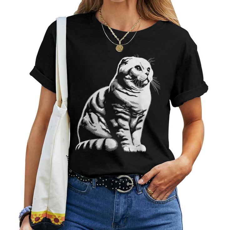 Cat Dad Mom Lover – モノクロスコティッシュフォールド。 レディースTシャツ