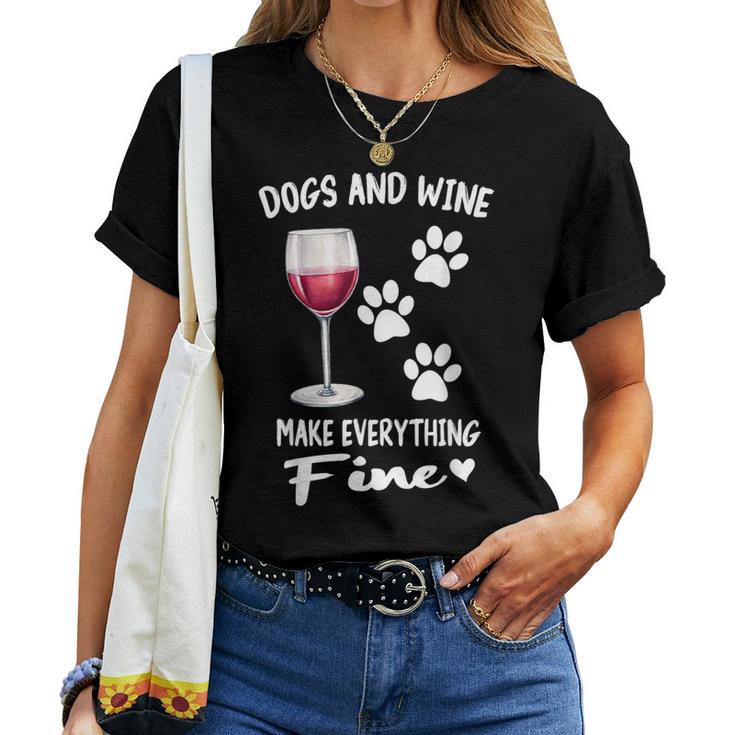 Dog And Wine Make Everything Fine Drinker Wine Puppy レディースTシャツ