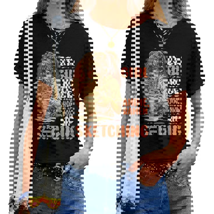 Just A Girl Who Loves Anime Ramen Andketching Anime Manga レディースTシャツ