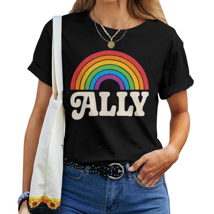 Lgbtq Ally Pocket Retrointage Gay Pride Lgbt Rainbow Flag レディースTシャツ
