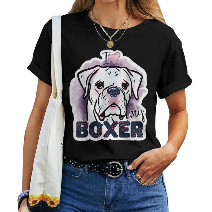 I Love My Boxer Dog Mom Dad Kawaii Dog Doodles ボクサー 犬 レディースTシャツ
