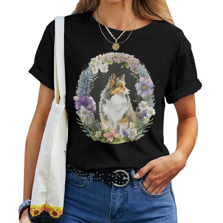 かわいい フラワー シェルティ 夏 花柄 シェットランド シープドッグ レディースTシャツ
