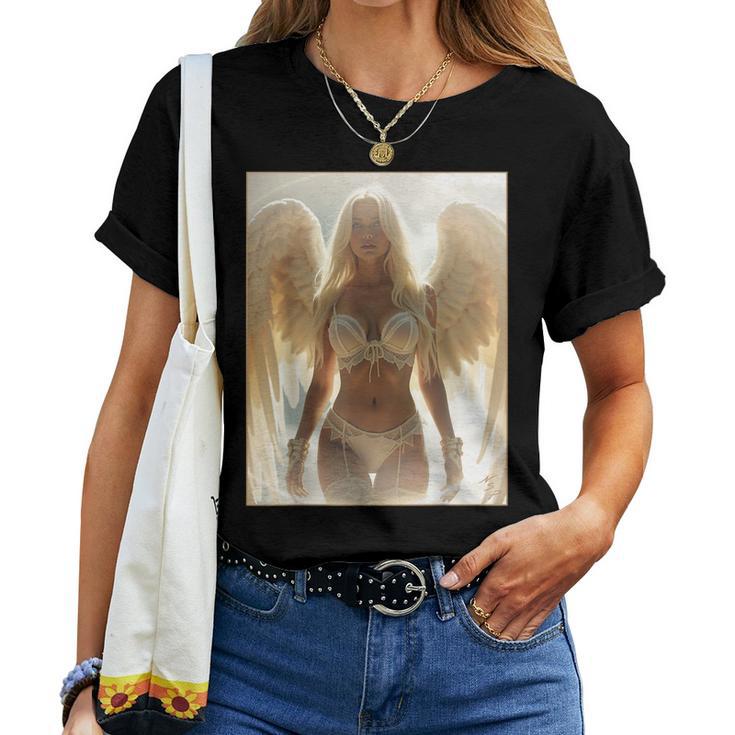 にセクシーな天使の女の子 ホットブロンドエンジェルピンナップガール レディースTシャツ