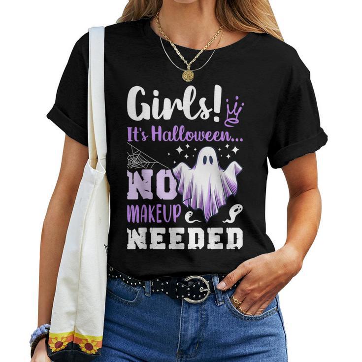 ハロウィンメイクのジョーク、女の子、面白い、英語で レディースTシャツ