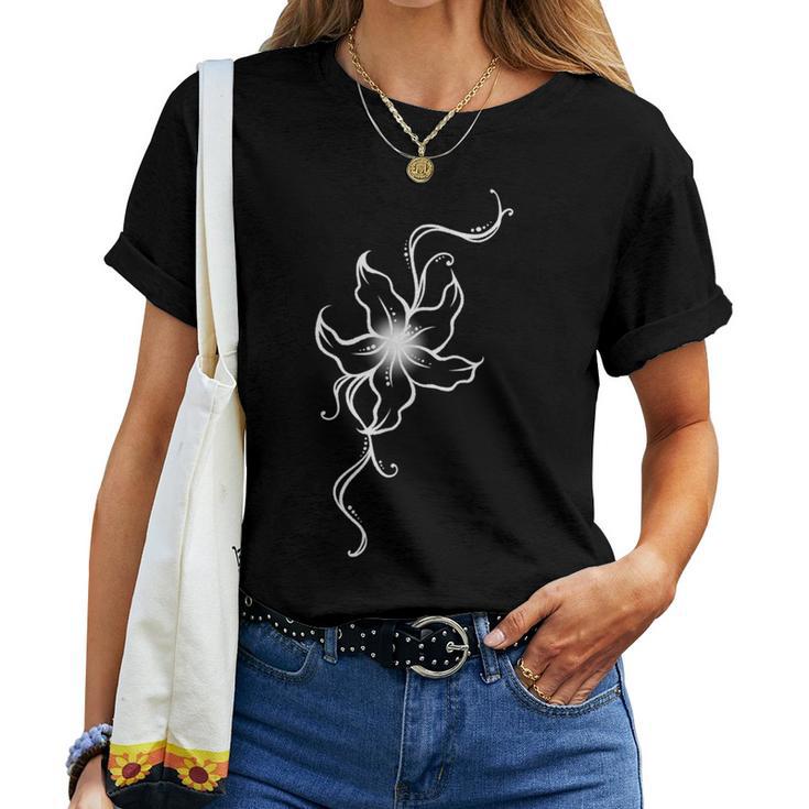 ラインアート 蘭の花 タトゥースタイル 長袖tシャツ レディースTシャツ