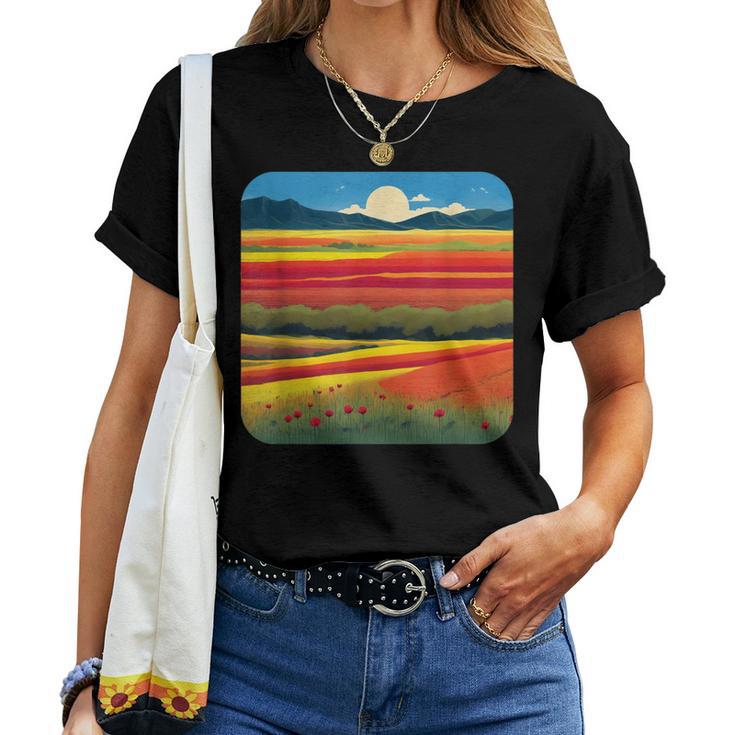 夏をテーマにしたカラフルな花畑 レディースTシャツ
