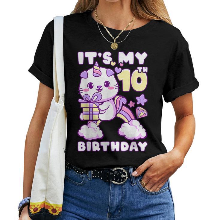誕生日の女の子10歳、猫、ユニコーン、10歳の誕生日 レディースTシャツ