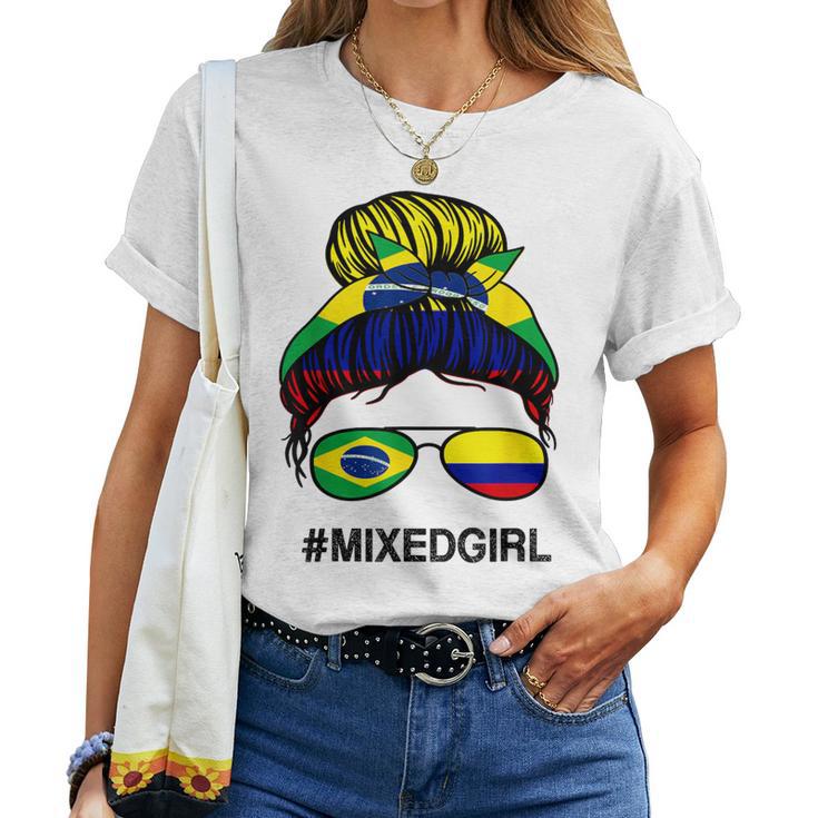 Brasil Colombia Bandera Brasil Colombiano Messy Bun Camiseta de mujer