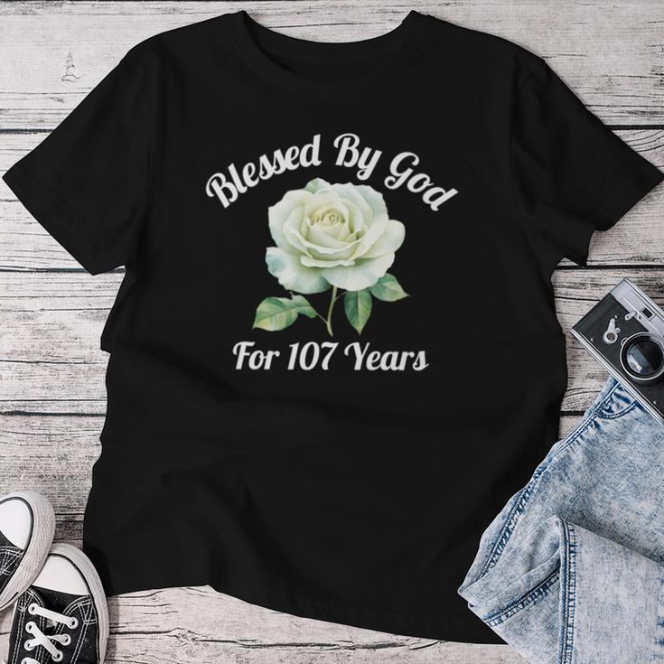 Blessed By God For 107 Yeasオールドローズフラワー 107歳の誕生日 長袖tシャツ レディースTシャツ 面白い贈り物