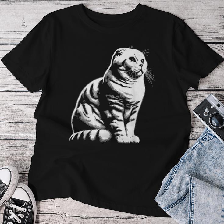 Cat Dad Mom Lover – モノクロスコティッシュフォールド。 レディースTシャツ 面白い贈り物