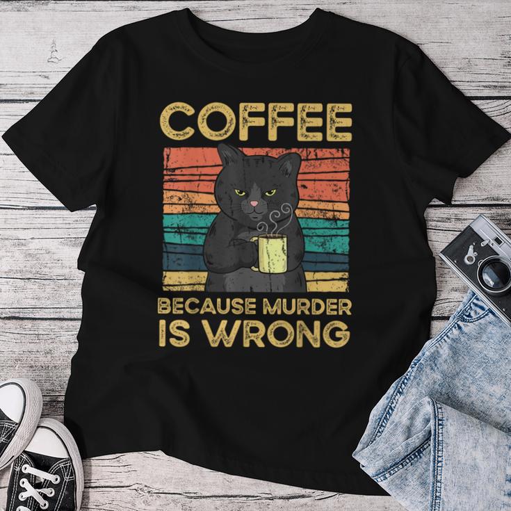 Coffee Because Murder Is Wrong ファニーブラックキャット ビンテージ レディースTシャツ 面白い贈り物