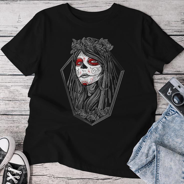 Dia De Los Muertos ハロウィン バラ メキシカンシュガースカル 女の子 レディースTシャツ 面白い贈り物