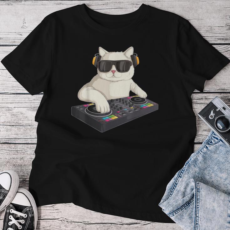 Dj Cat Techno Music Festival Lover Musician Women レディースTシャツ 面白い贈り物
