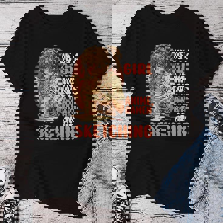 Just A Girl Who Loves Anime Ramen Andketching Anime Manga レディースTシャツ 面白い贈り物