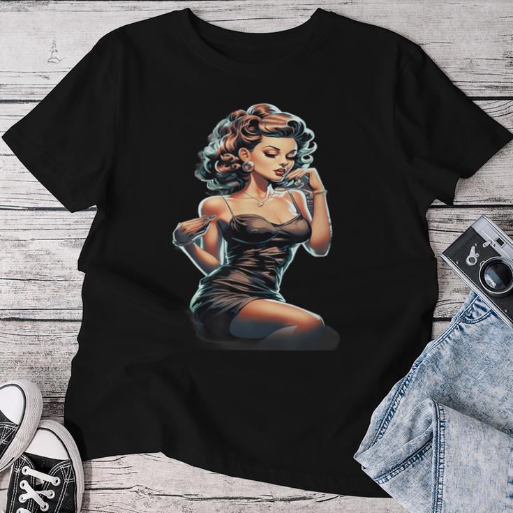 Pinup Girl ジュークボックス レコード音楽プレーヤー ヴィンテージ レディースTシャツ 面白い贈り物