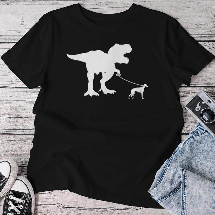 T-Rex Walking Greyhound Divertente Cane Mamma Papà DinosauroRex Maglietta da donna Regalos divertidos