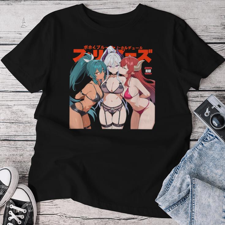 Waifu セクシー アニメ キス 女の子 角 日本の漫画風 レディースTシャツ 面白い贈り物