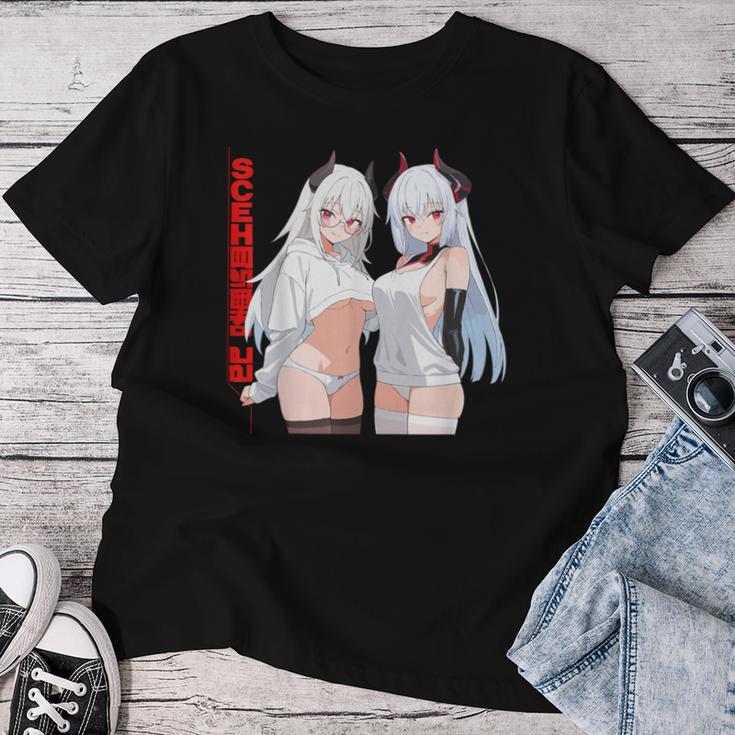 Waifu セクシー アニメ 女の子 メガネ 角 和風 レディースTシャツ 面白い贈り物