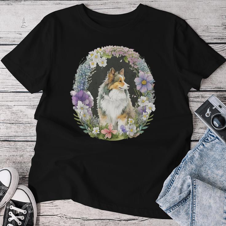 かわいい フラワー シェルティ 夏 花柄 シェットランド シープドッグ レディースTシャツ 面白い贈り物
