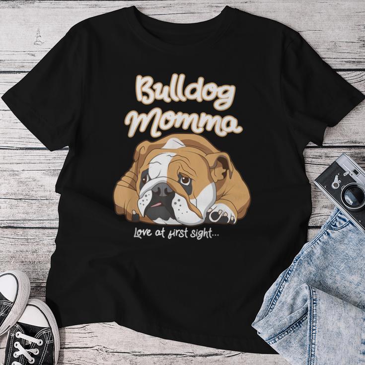 かわいいイングリッシュブルドッグ Momma Bullie Love At Firstight レディースTシャツ 面白い贈り物