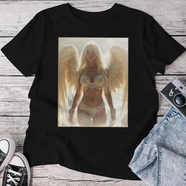 にセクシーな天使の女の子 ホットブロンドエンジェルピンナップガール レディースTシャツ 面白い贈り物