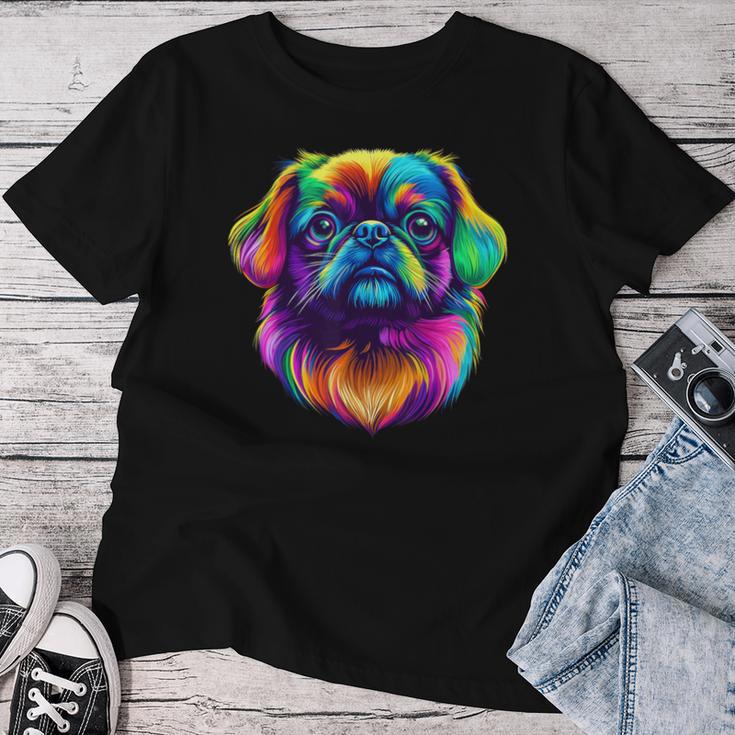 カラフル ペキニーズ犬の顔 かわいい 子犬好き 男性 女性 黒 レディースTシャツ 面白い贈り物