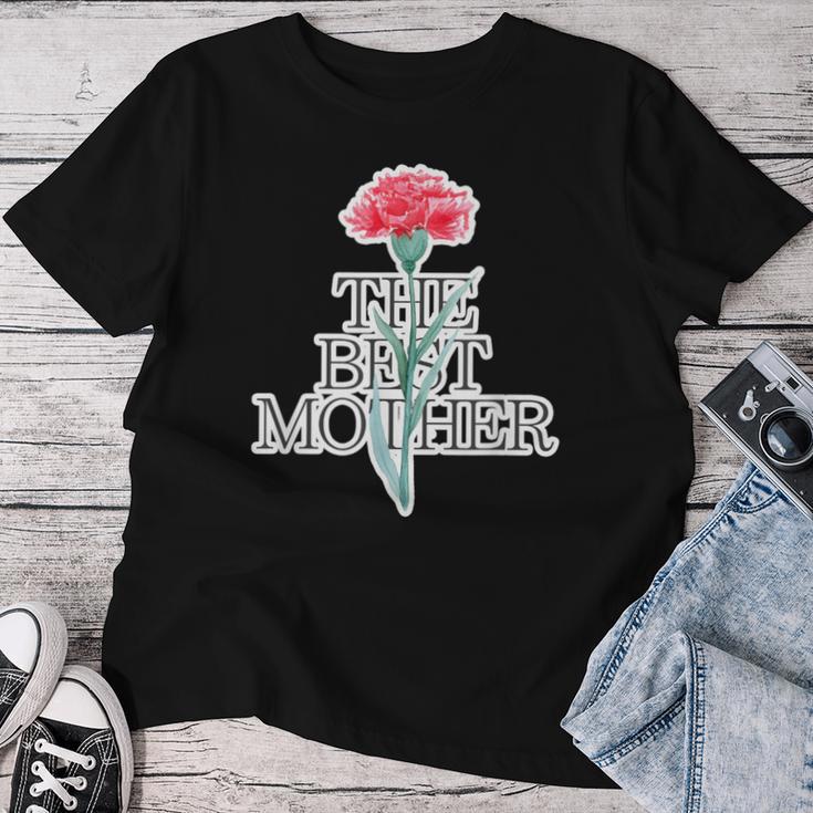 カーネーション The Best Mother 最高の母親【母の日】ピンク《ポップ フォント》メッセージ レディースTシャツ 面白い贈り物