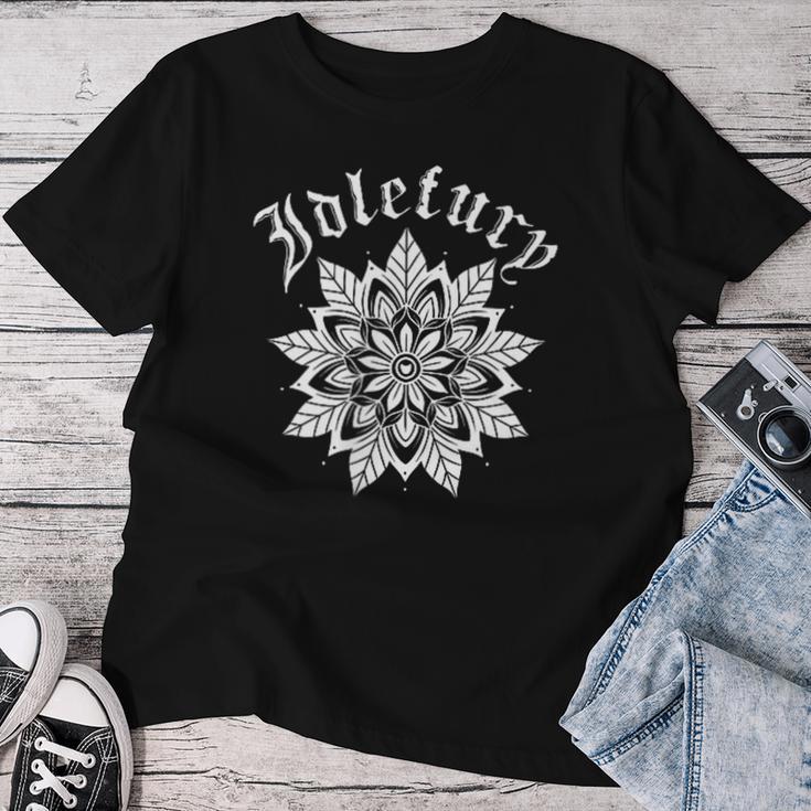 バック プリントを見る Idle Fury Mandala 白いマンダラ タトゥー アート レディースTシャツ 面白い贈り物
