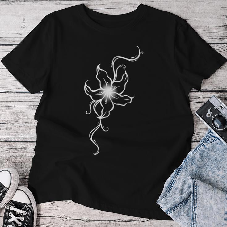 ラインアート 蘭の花 タトゥースタイル 長袖tシャツ レディースTシャツ 面白い贈り物
