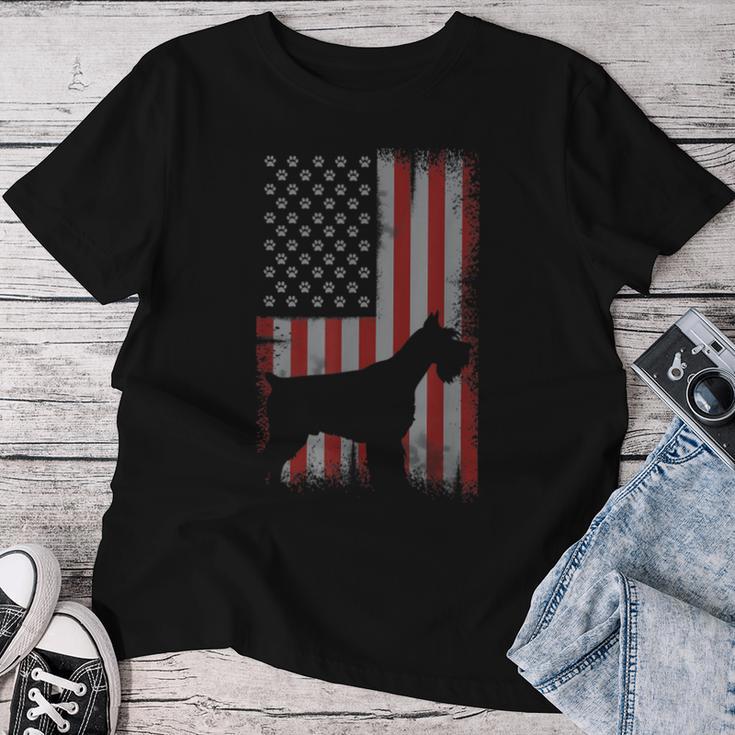 愛国的 アメリカ国旗 シュナウザー 恋人 ギフト 男性 女性 犬 レディースTシャツ 面白い贈り物