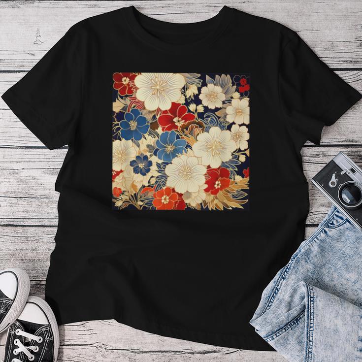 日本のヴィンテージ花柄着物 レディースTシャツ 面白い贈り物