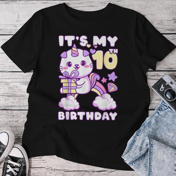 誕生日の女の子10歳、猫、ユニコーン、10歳の誕生日 レディースTシャツ 面白い贈り物