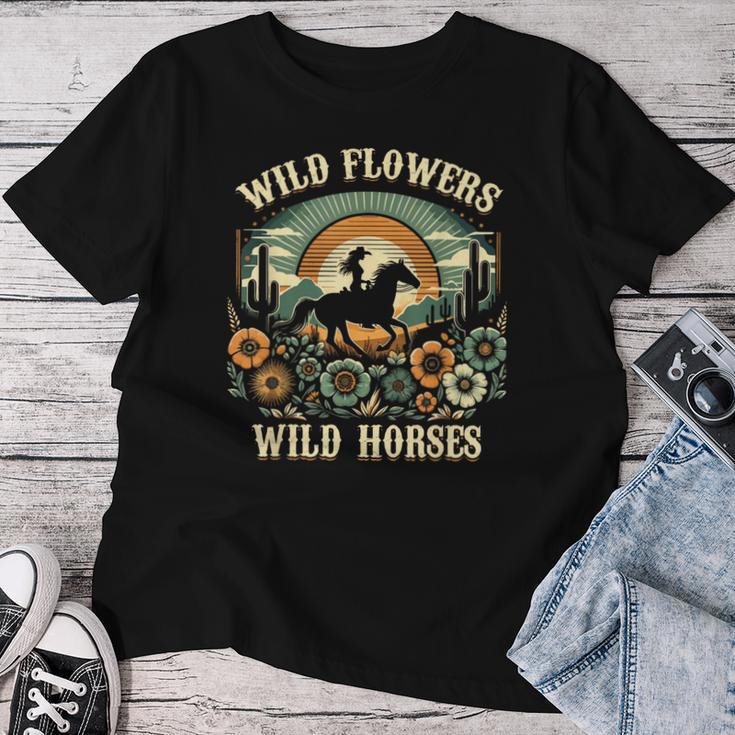 野の花と馬 ヴィンテージ 夕日 騎乗位 レディースTシャツ 面白い贈り物