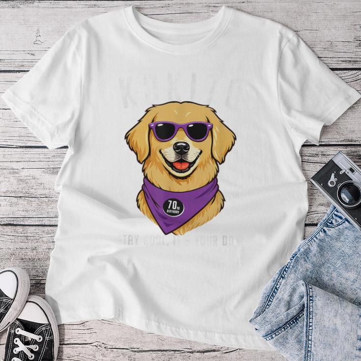 古希祝い 犬 ゴールデン レトリバー サングラス 父 男性 女性 母 犬好き 70歳 おもしろ レディースTシャツ 面白い贈り物